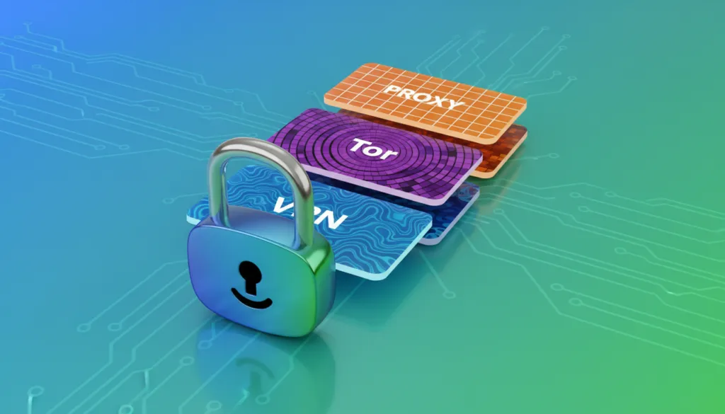 A strategic layered defense diagram showing VPN, Tor, and a proxy as layers, with a lock icon representing security, symbolizing a personal censorship circumvention strategy for accessing geo-restricted content A strategic layered defense diagram showing VPN, Tor, and a proxy as layers, with a lock icon representing security, symbolizing a personal censorship circumvention strategy for accessing geo-restricted content